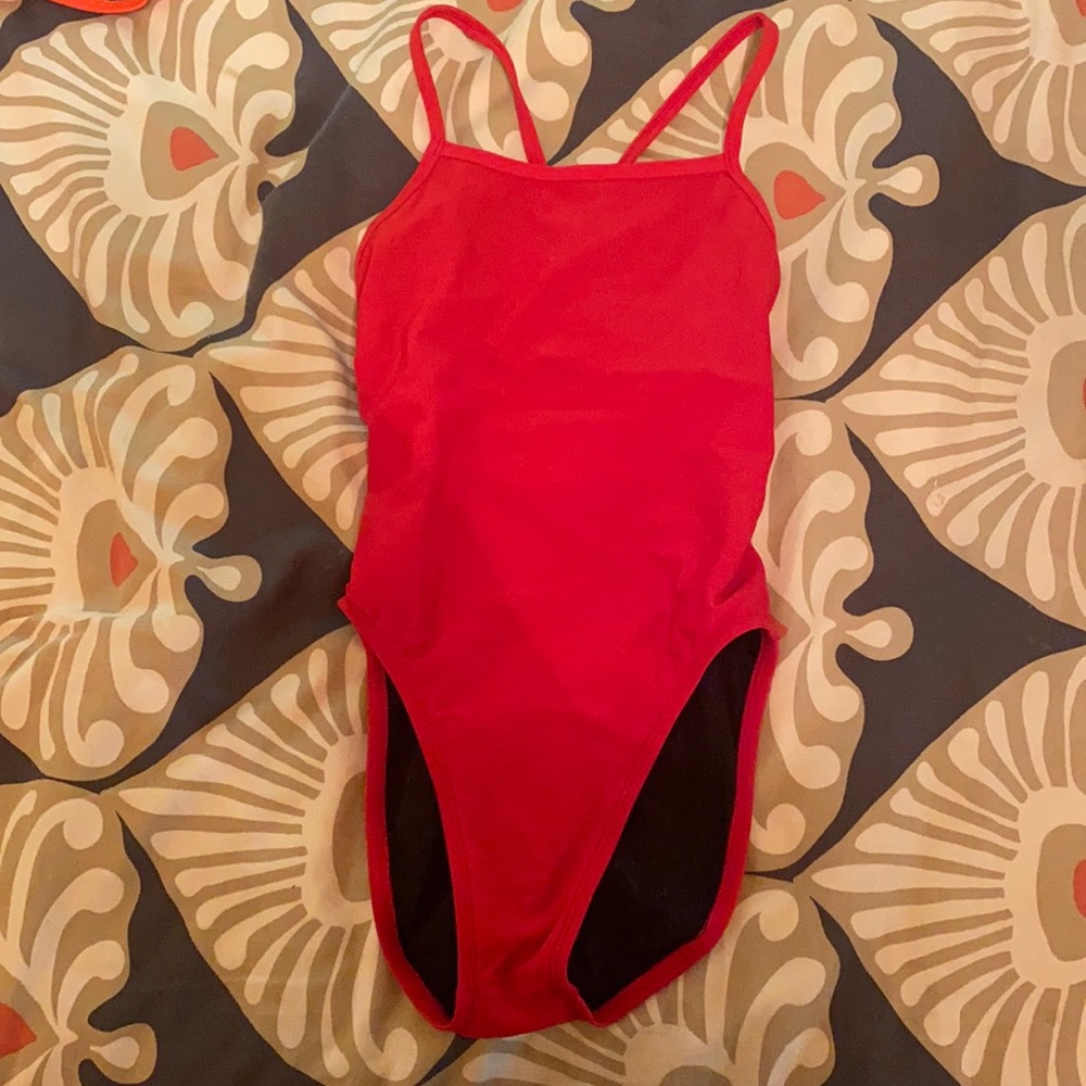 Red Jolyn Swim “Brandon” style swimsuit